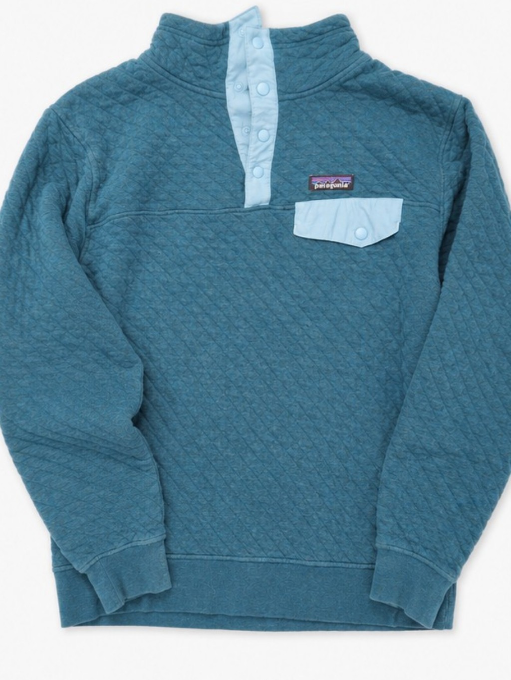 Patagonia Teal Quilted Snap-Placket Pullover Light Blue Details M Org. Cotton